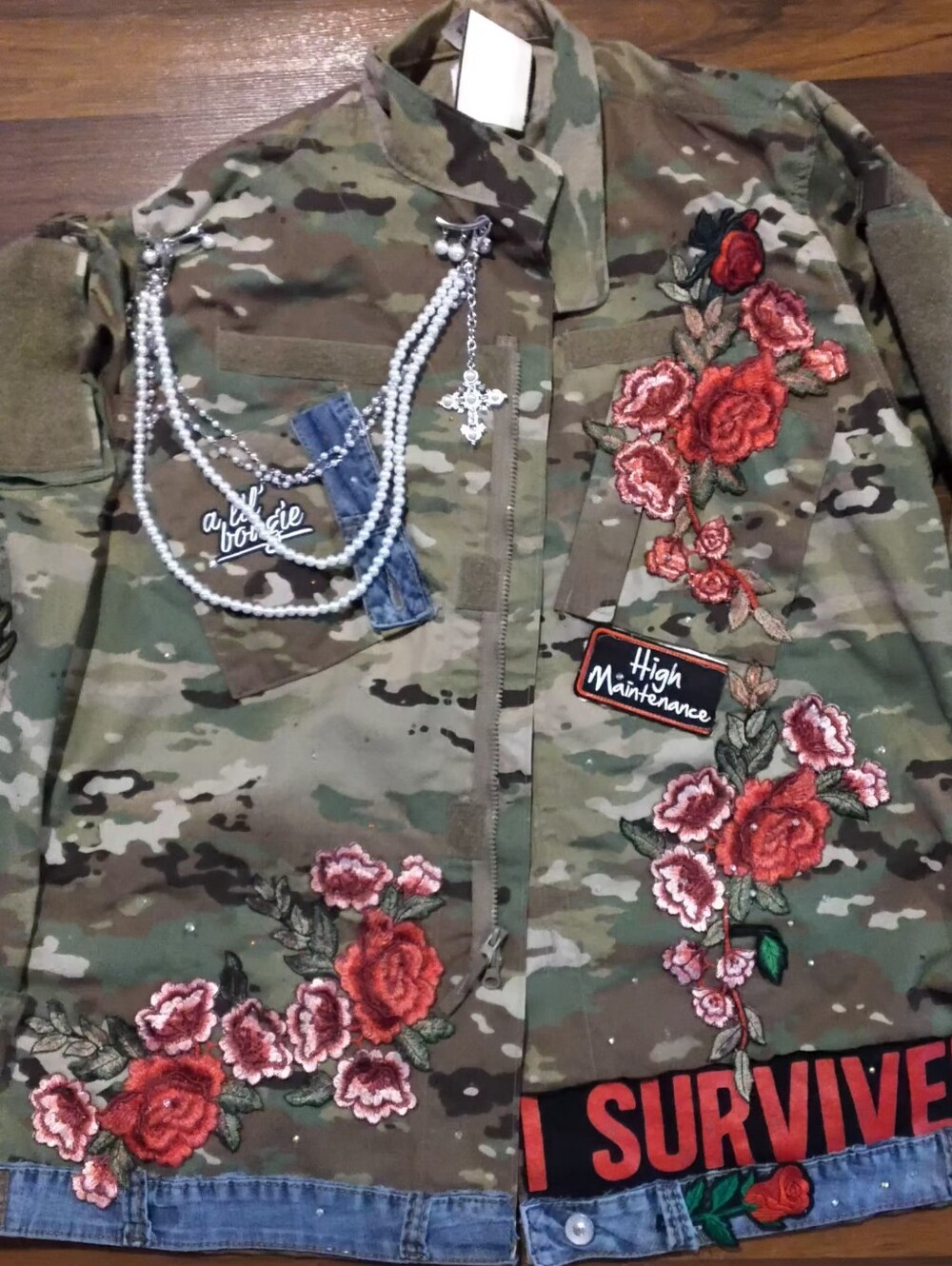 Embellished Camo Military Jacket with Red Rose Appliqués